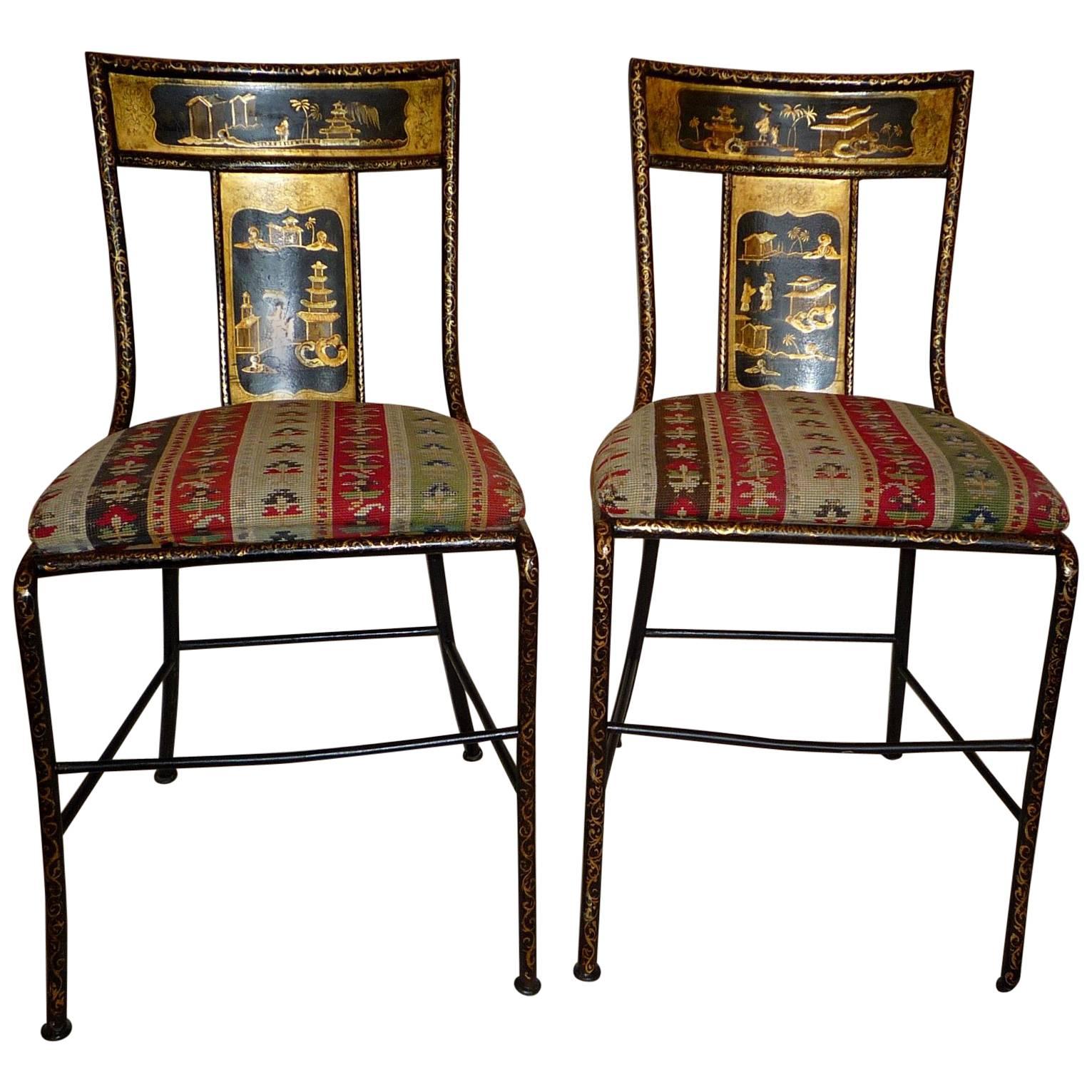 Pair of Victorian Painted Iron Chairs, Chinoiserie Decoration, Prov. M. Castaing