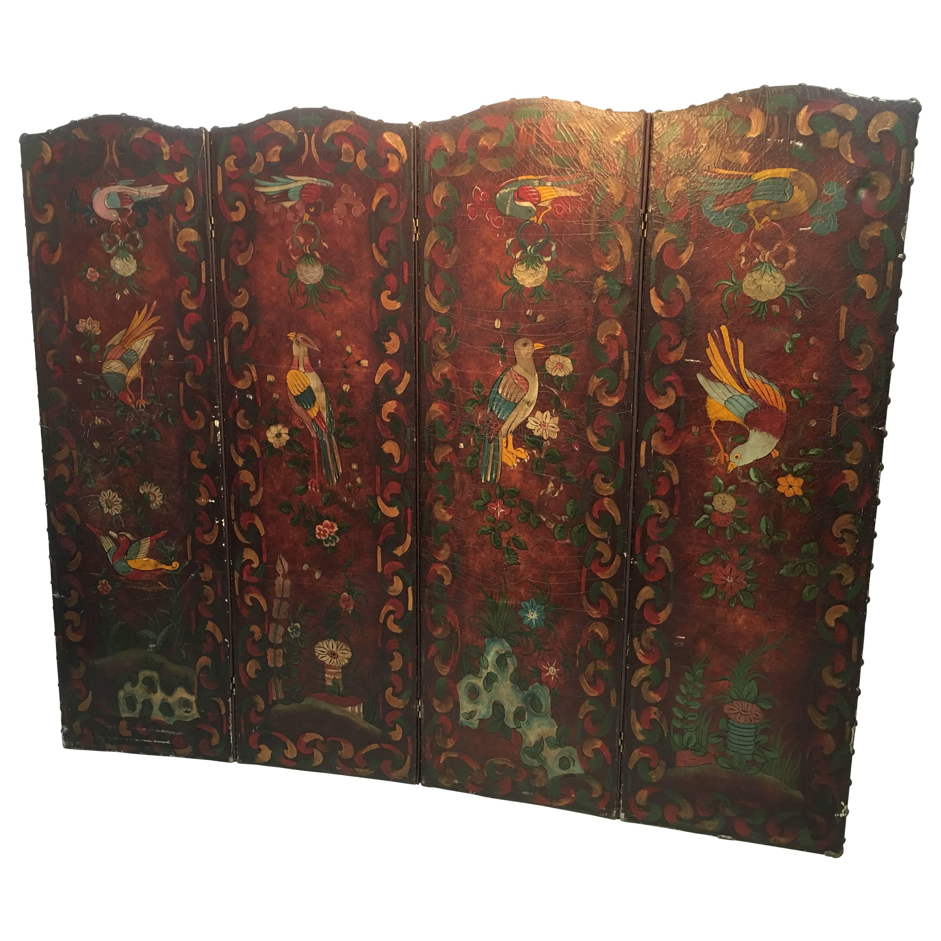 Fabulous Arts & Crafts Double-Sided Four Fold Painted Screen, circa 1900 For Sale