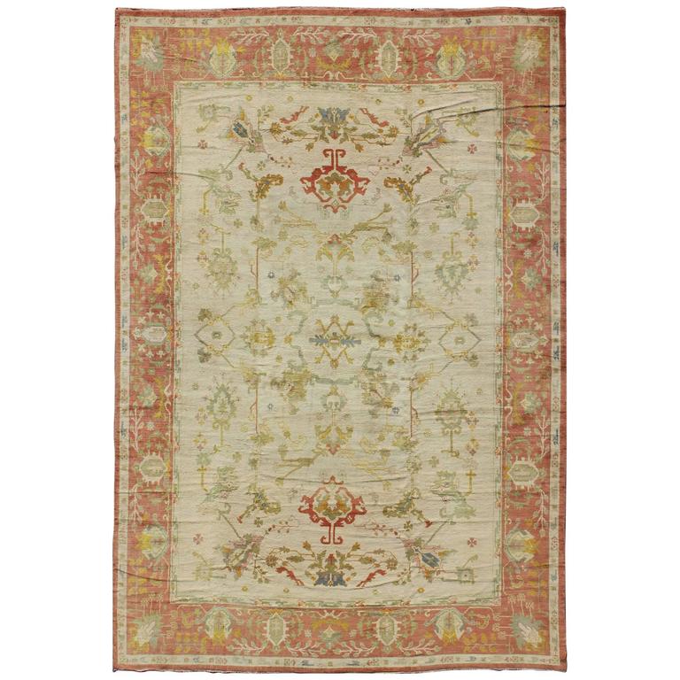 Vintage Spanish Rug with Coral and Ivory For Sale at 1stdibs
