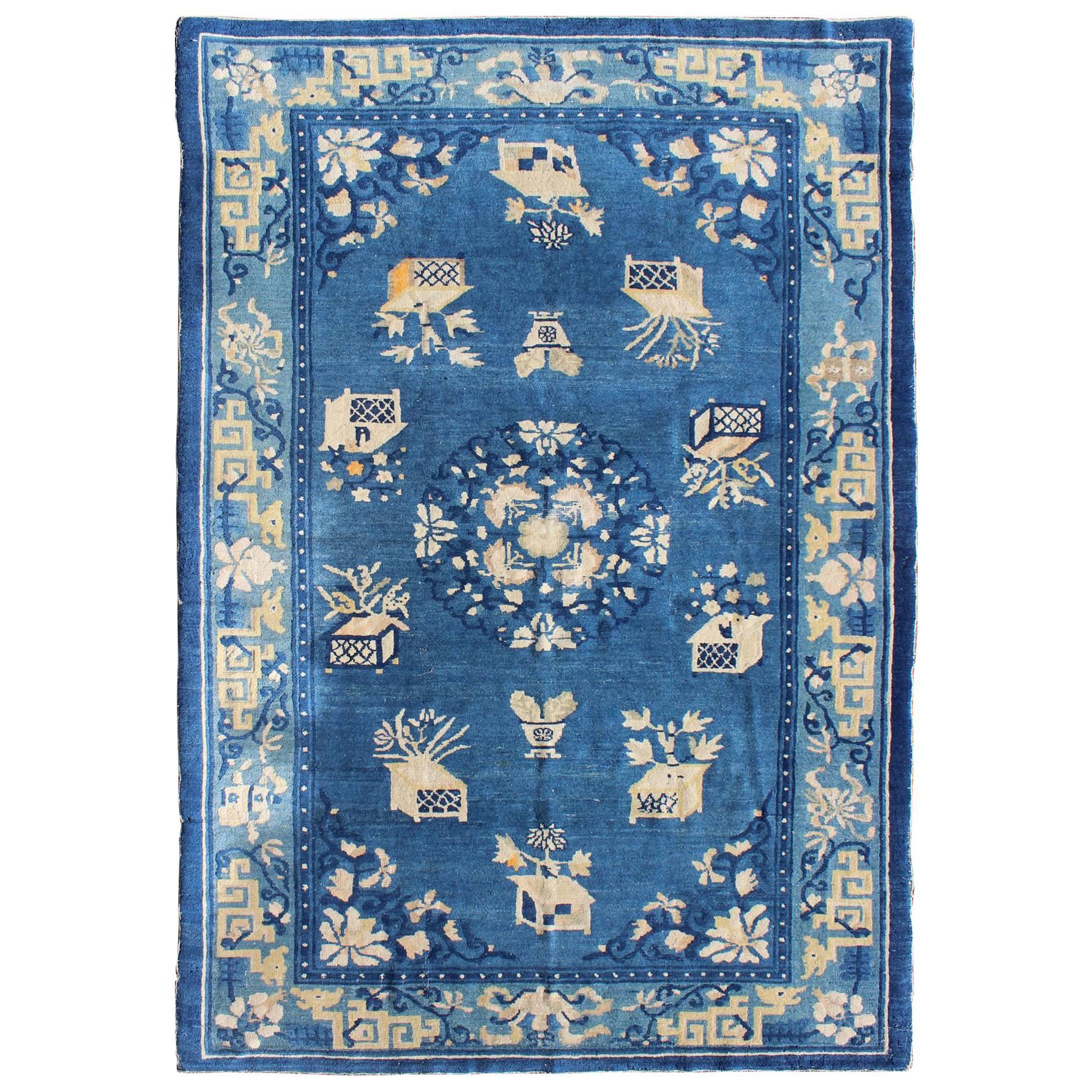 Antique Chinese Peking Rug in Blue colors 