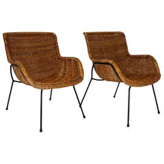 Mid Century Modern Vintage Brown Wicker Armchairs, Italy, 1950s