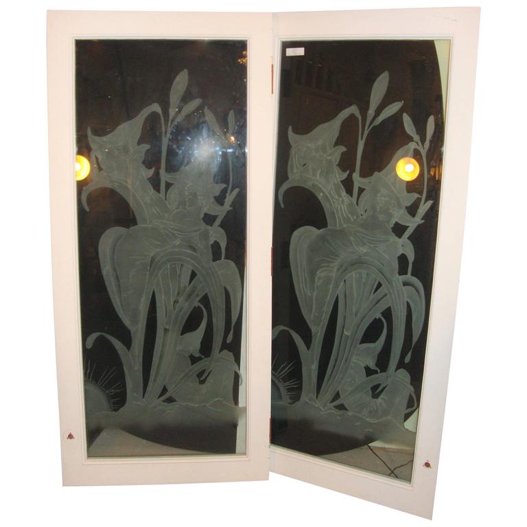 Pair of Art Deco Style Etched Glass Wall Decorations For Sale at 1stdibs