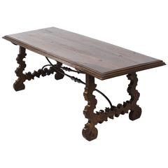 18th Century Spanish Table with Carved Trestle Base & Forged Iron Stretcher 1