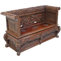 19th Century Carved Chinese Dragon Bench with Storage Chest