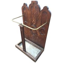 French Gothic Revival Carved Oak Umbrella Stand With Brass Rail Early 1900's