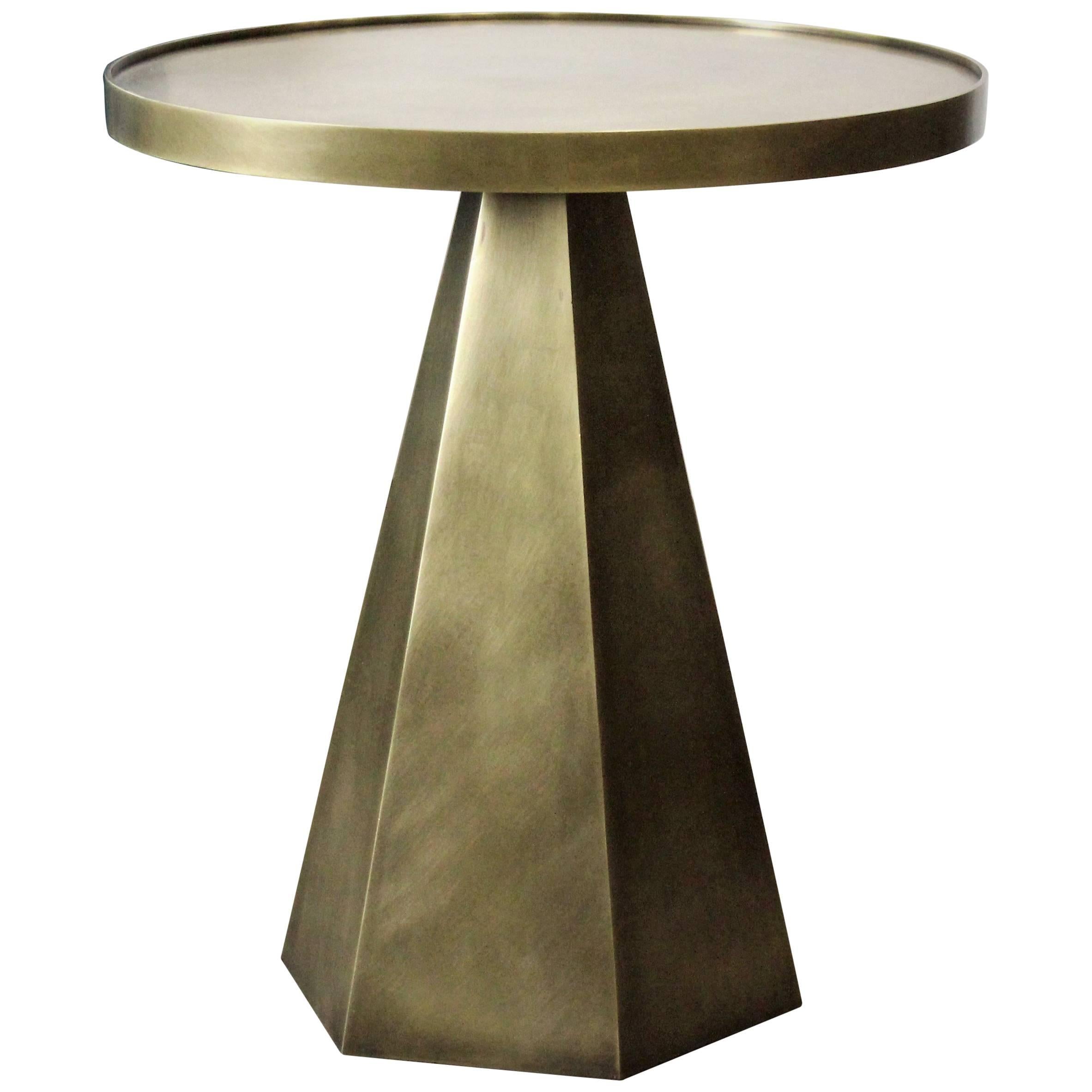 Sculptural Hand-Forged Hexagonal Side Table in Solid Patinated Brass