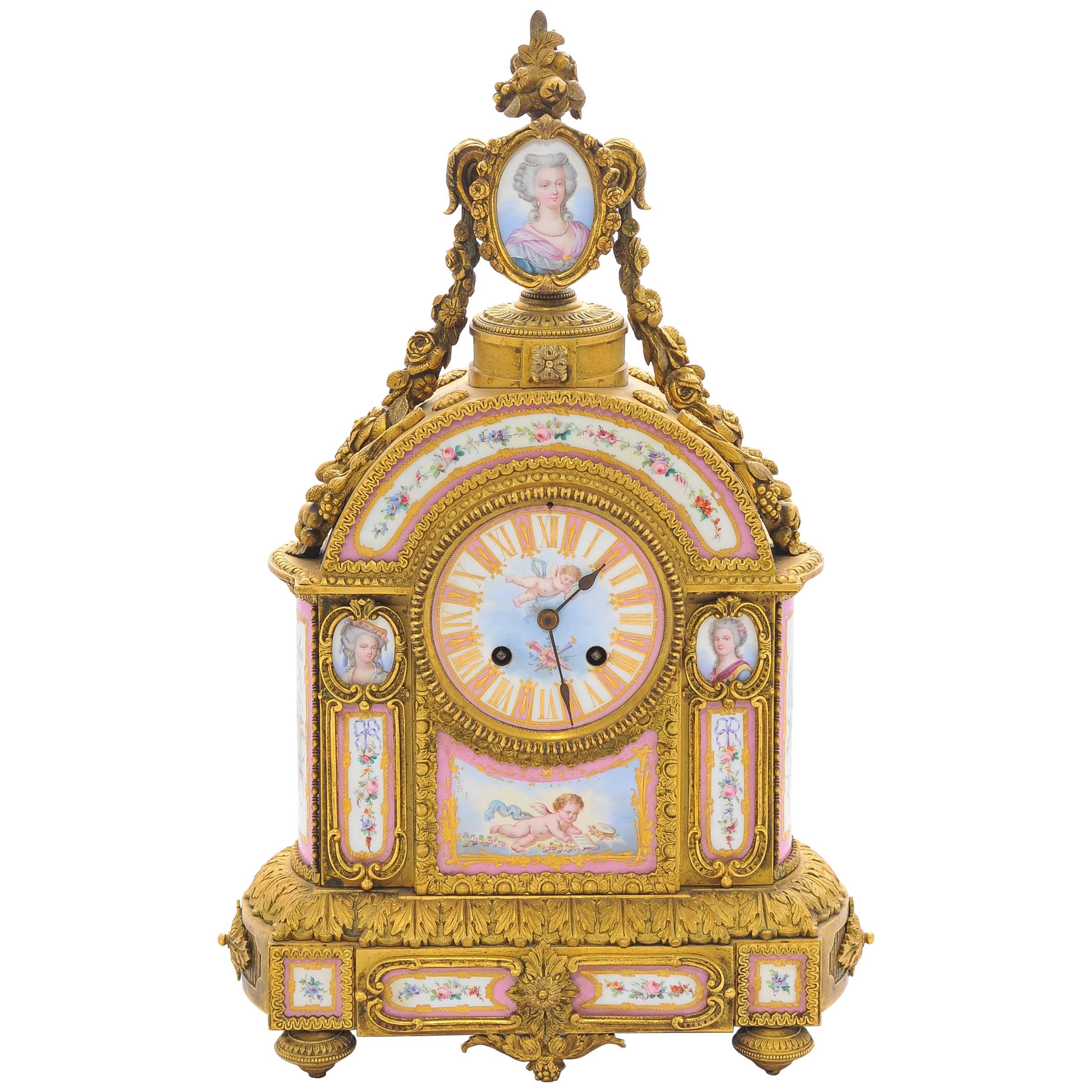 19th Century Pink 'Sevres' Porcelain Mantel Clock