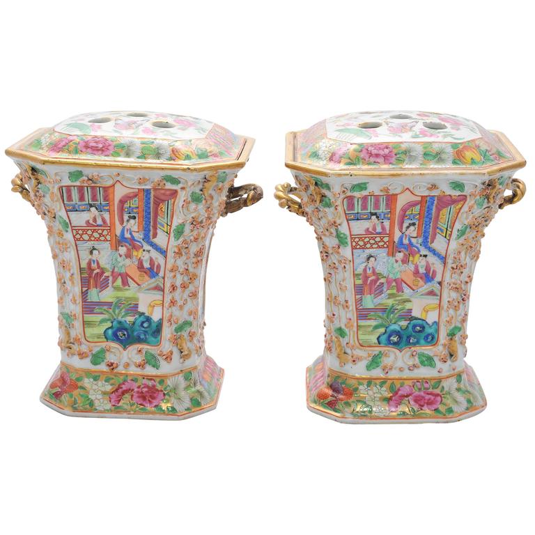 Pair of 19th Century Canton/ Rose Medallion Flower Vases at 1stDibs