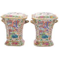 Pair of 19th Century Canton/ Rose Medallion Flower Vases