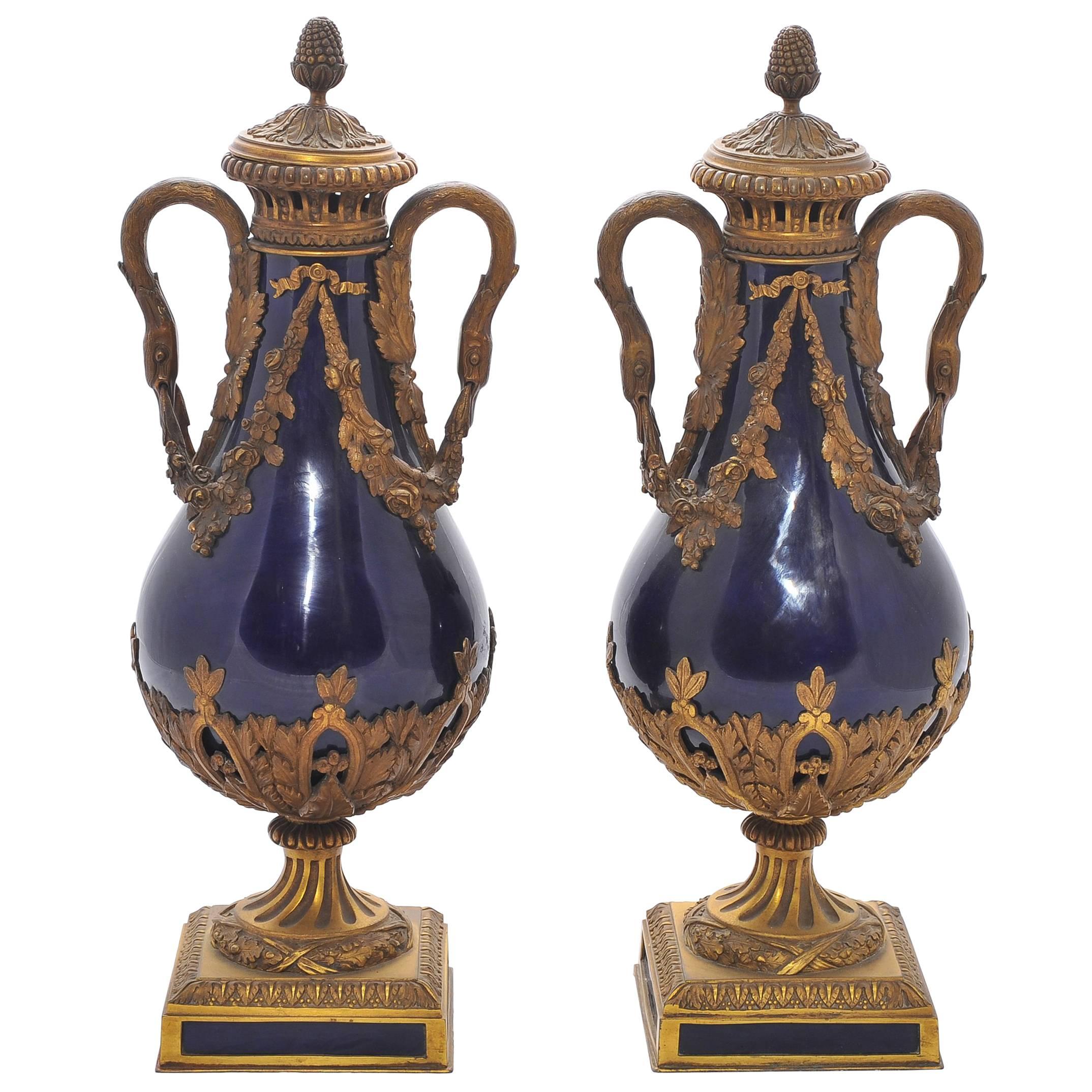 Pair of 19th Century Sèvres Blue, Ormolu Vases For Sale