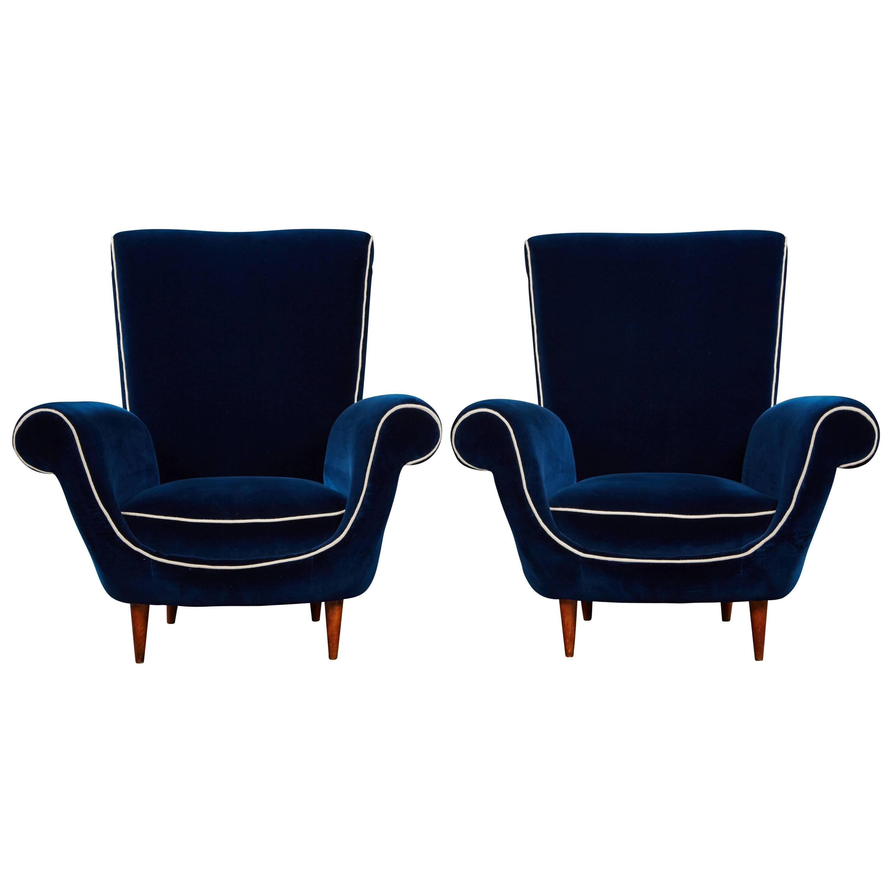 Pair of Ico Parisi Attributed Blue Velvet Armchairs For Sale