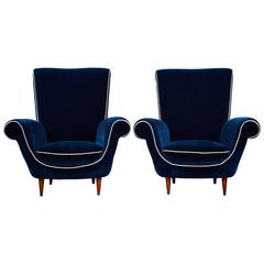 Pair of Ico Parisi Attributed Blue Velvet Armchairs 3