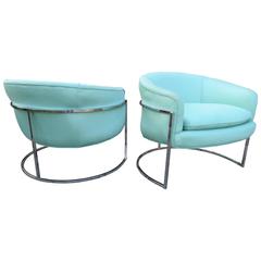 Retro Pair of Milo Baughman Style Thin Chrome Frame Barrel Back Chairs Midcentury