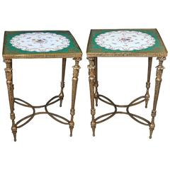 Pair of Paris Sevres Style Gilt Porcelain Side Tables Floral Tops