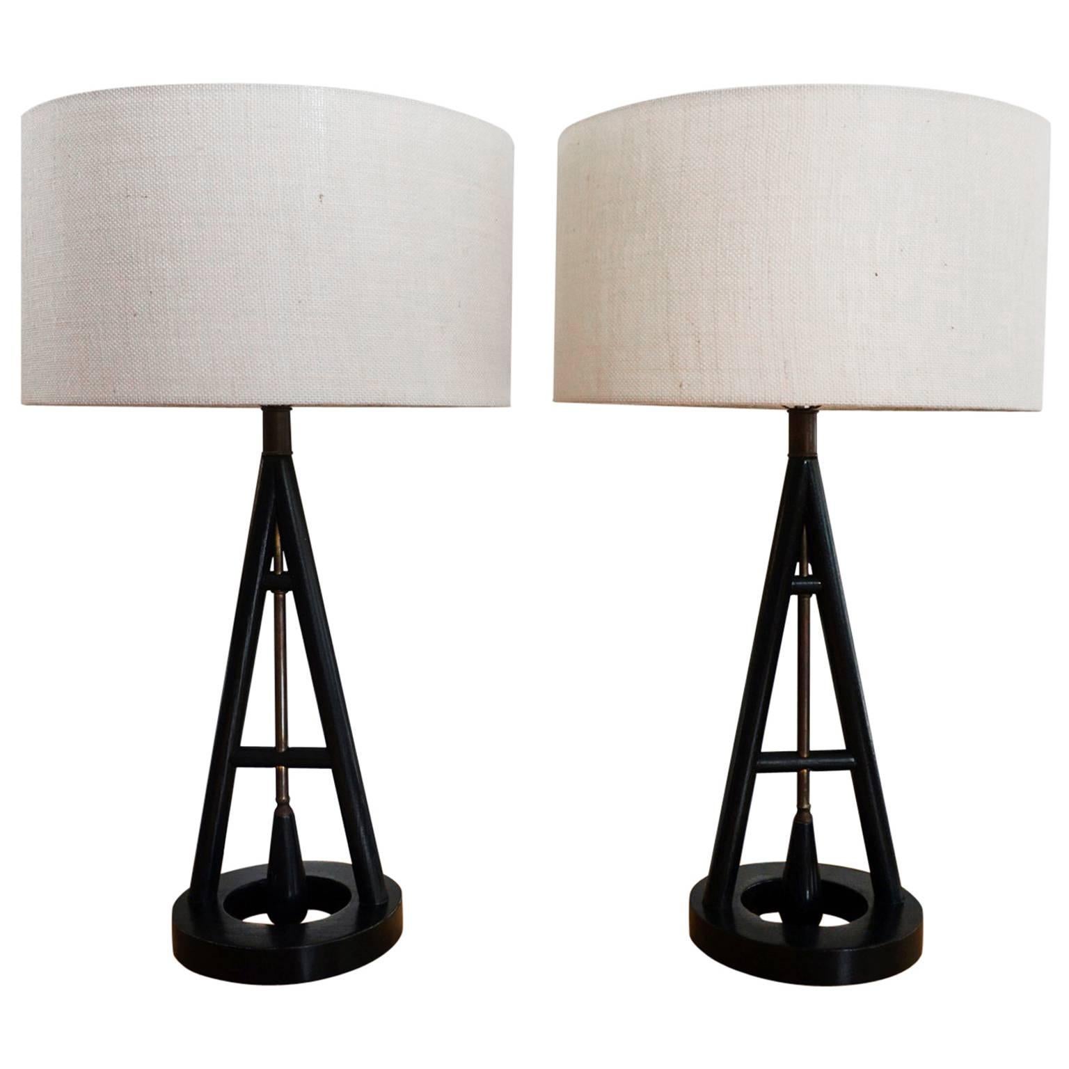 Pair of 1950s Ebonized Oak A-Frame Table Lamps