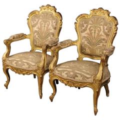 Antique 19th Century Pair of French Golden Armchairs