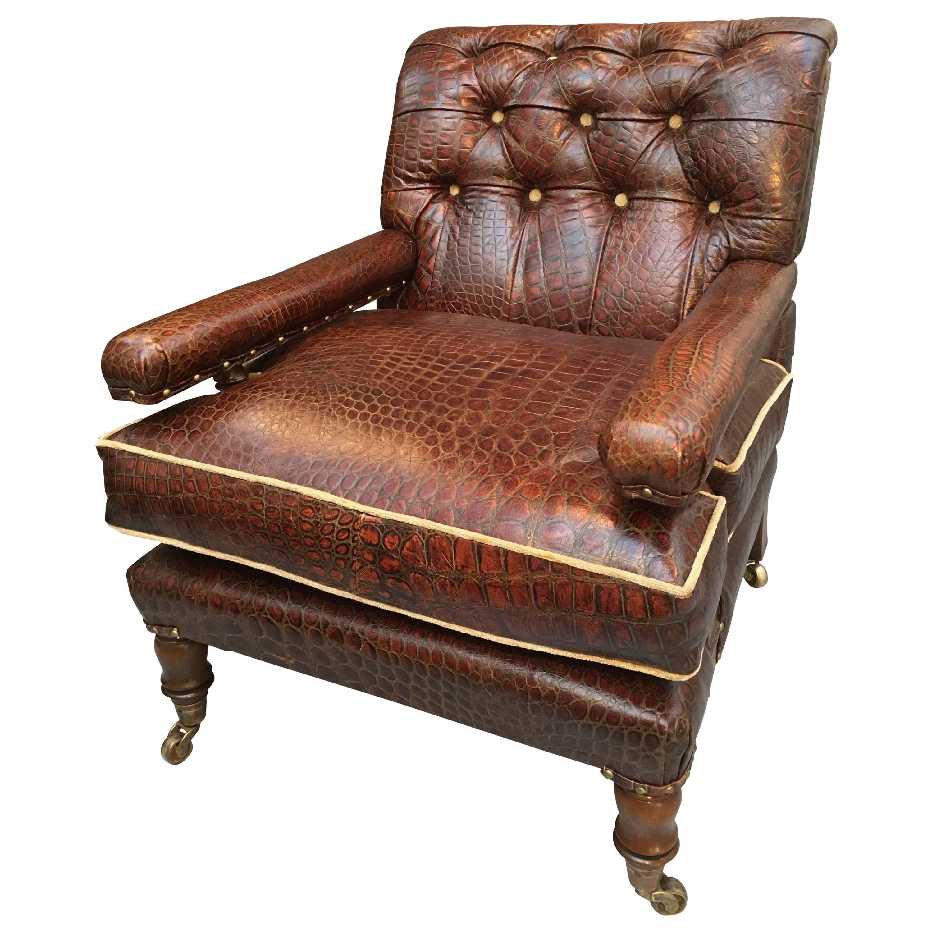 Only One in the World! Handmade Crocodile Embossed Leather & Mahogany Armchair For Sale