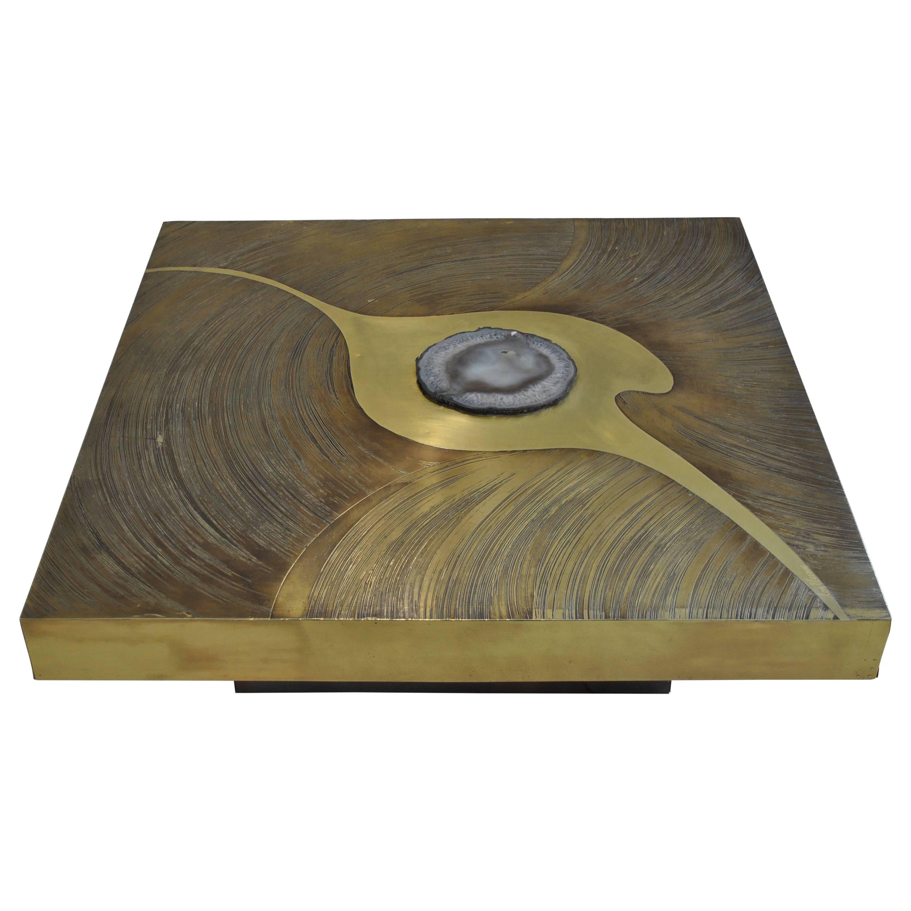 Etched Brass and Agate Coffee Table by Marc D'Haenens For Sale