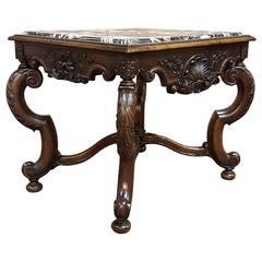 Antique 19th Century French Louis XIV Marble Top Walnut Hand Carved Baroque End Table