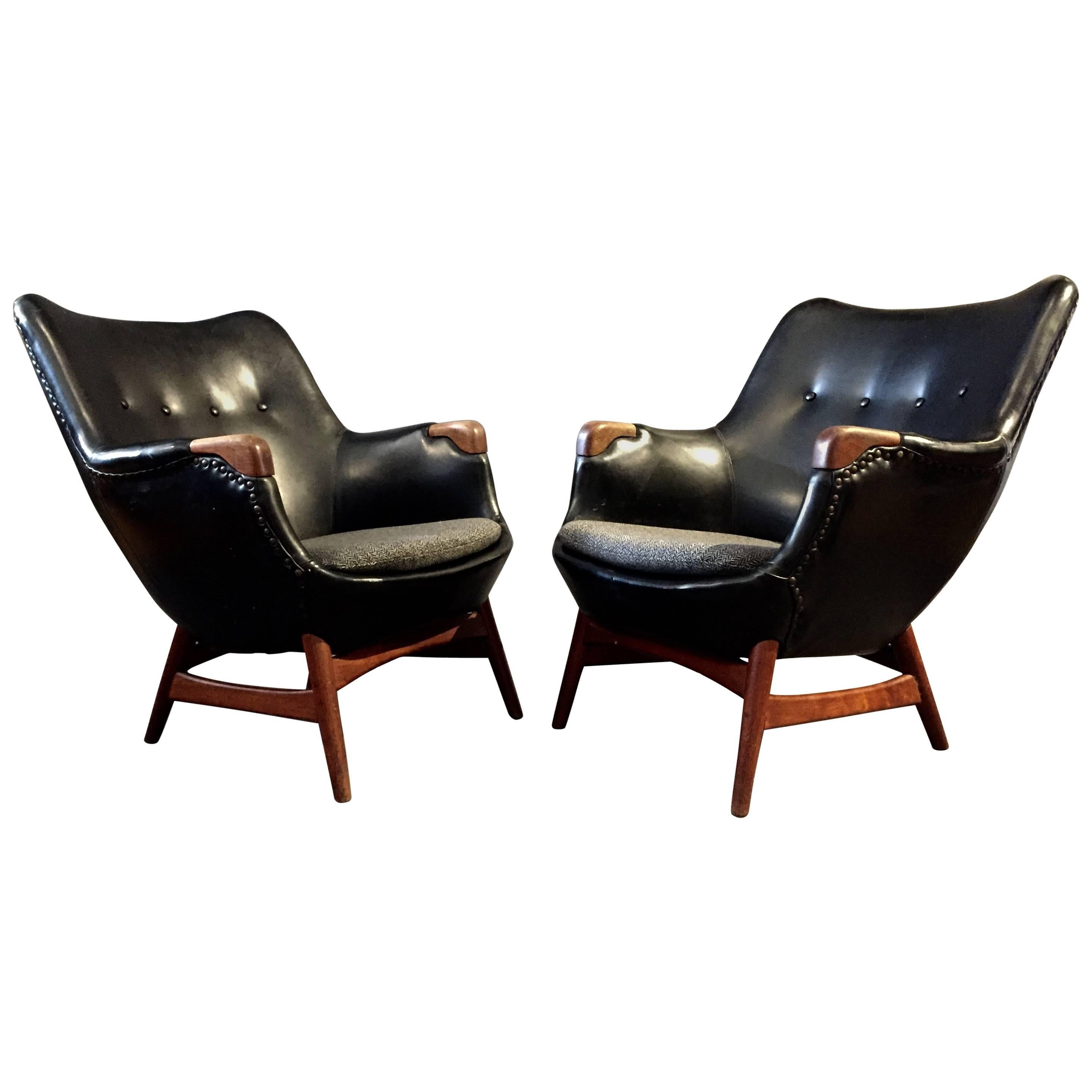 Pair of Erling Torvits Lounge Chairs, Black Naugahyde and Teak, Denmark, 1956