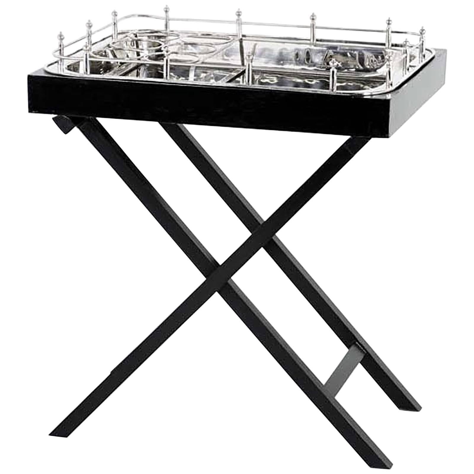 Bar Tray in Polished Nickel Finish on Mango Wood Base For Sale