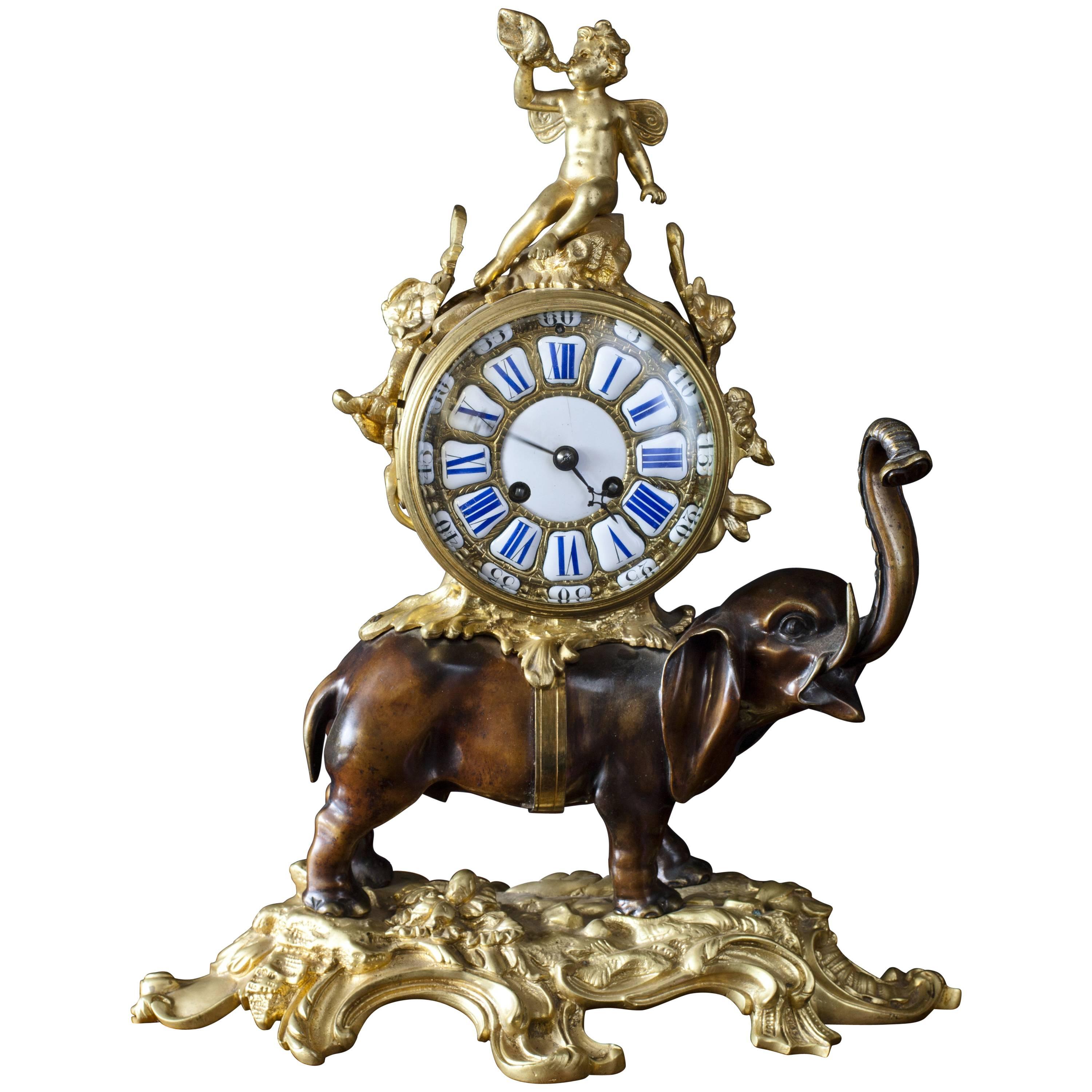 French Bronze Elephant Clock, circa 1860 For Sale