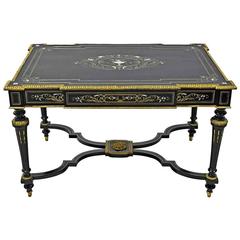 Table à écrire ou bureau Napoléon III en bois d'ébène & marqueté avec tiroirs d'extrémité:: vers 1860