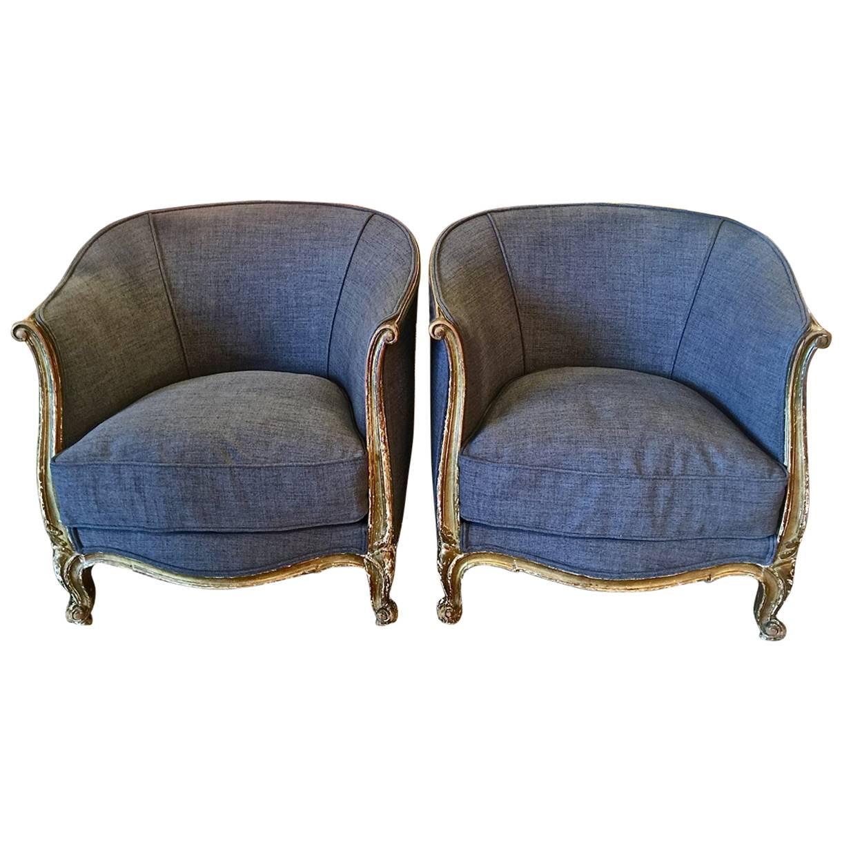 Pair of French Deco Barrel Back Bergeres Club Chairs