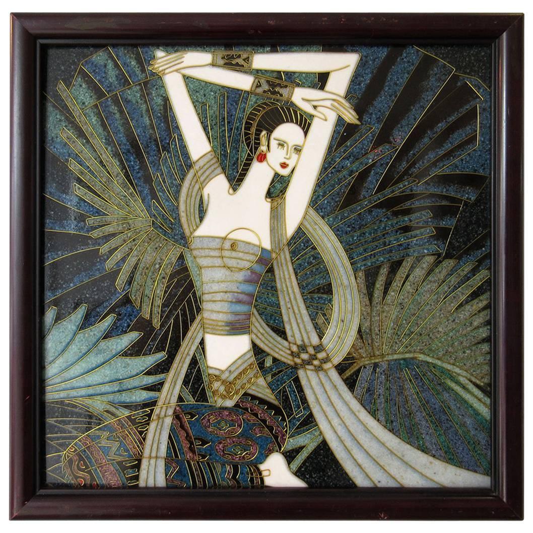 Vintage Hard Stone Inlay Plaque with Stylized Woman For Sale