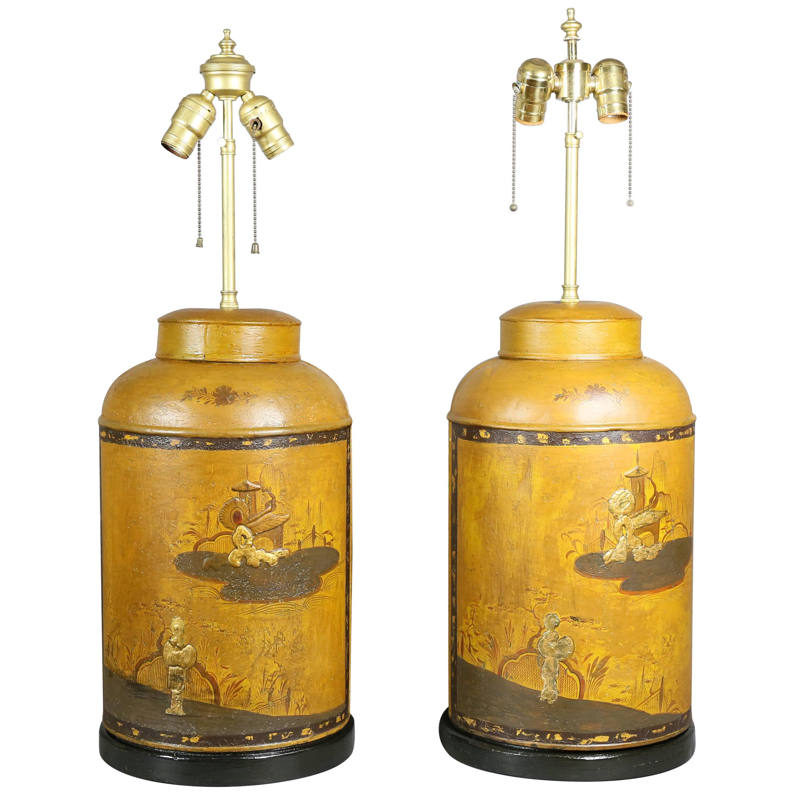 Pair of Victorian Tole Tea Canister Table Lamps