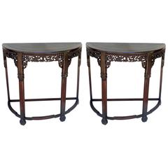 Wonderful Pair of Asian Chinese Demilune Console Tables Hand-Carved Fine Detail