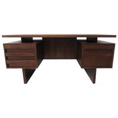 John Keal Executive Floating Top Walnut Desk with Backside Bookcase