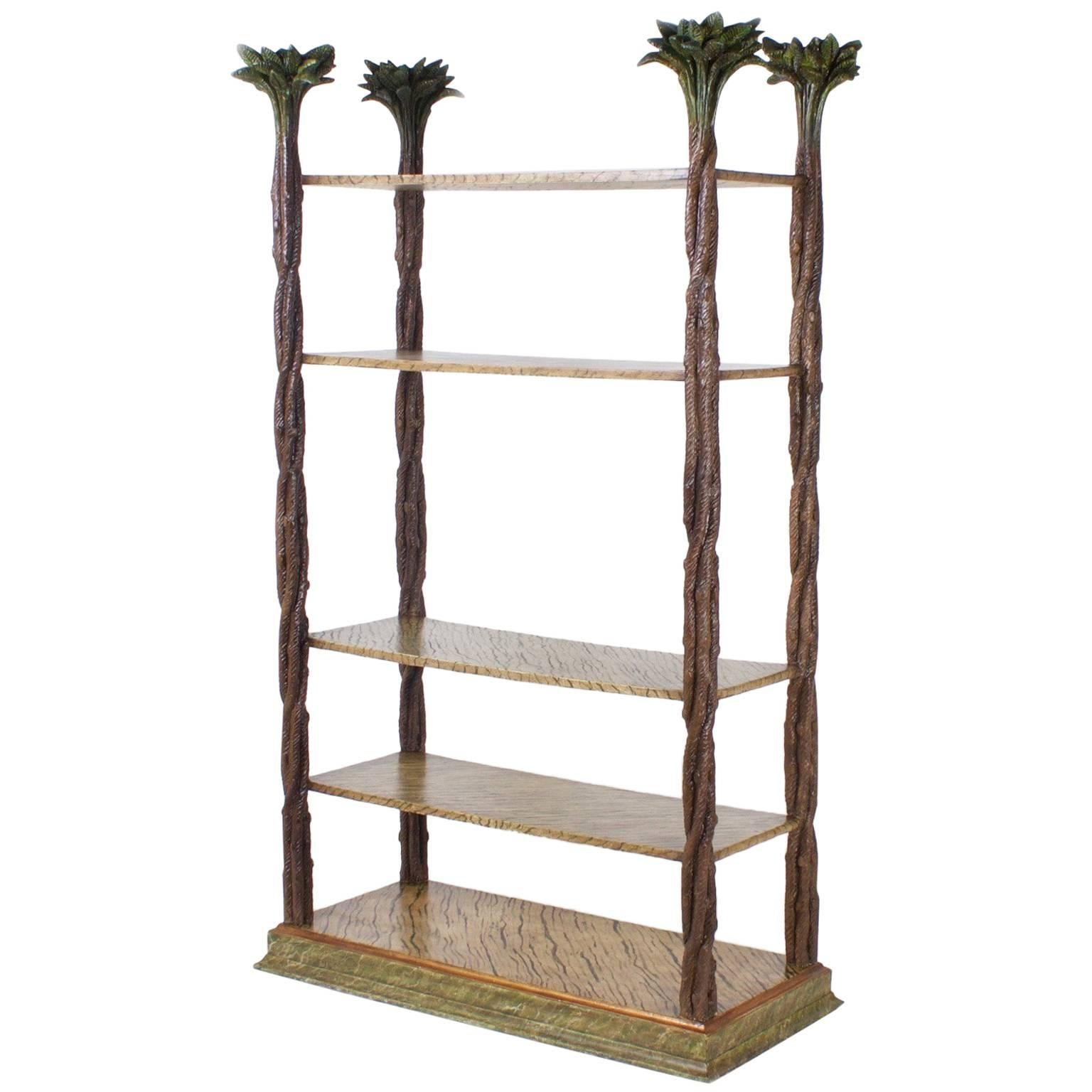 Mid-Century Modern Carved Wood Etagere with Palm Leaf Finials