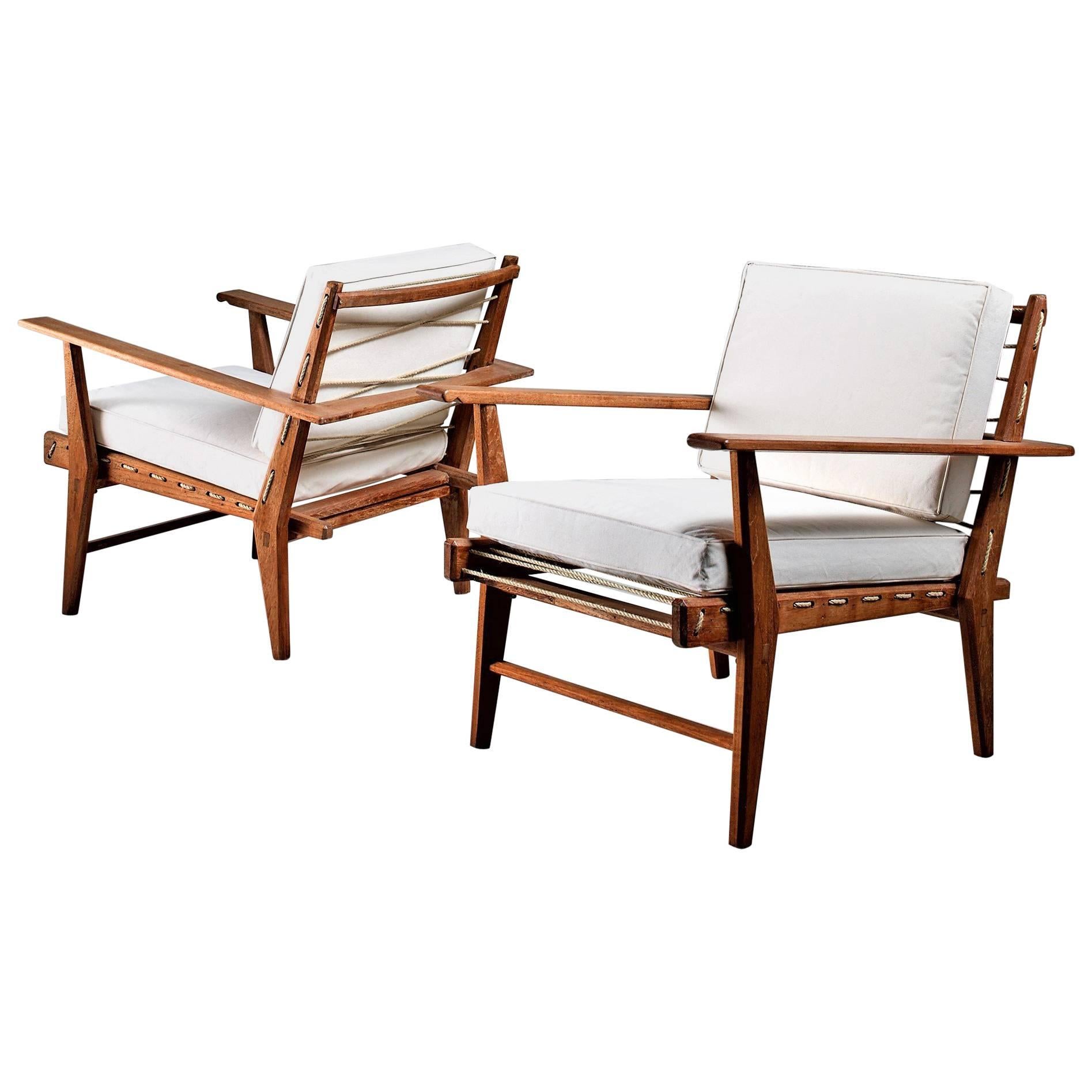 Pair of Italian 1950s Rope Chairs in Solid Teak with New White Canvas Upholstery