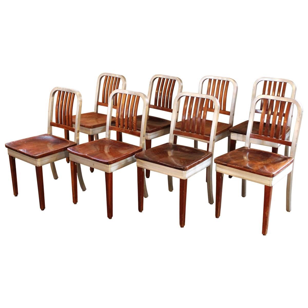 Set of Eight Vintage Wood and Metal, Aluminium Side Shaw Walker Dining Chairs