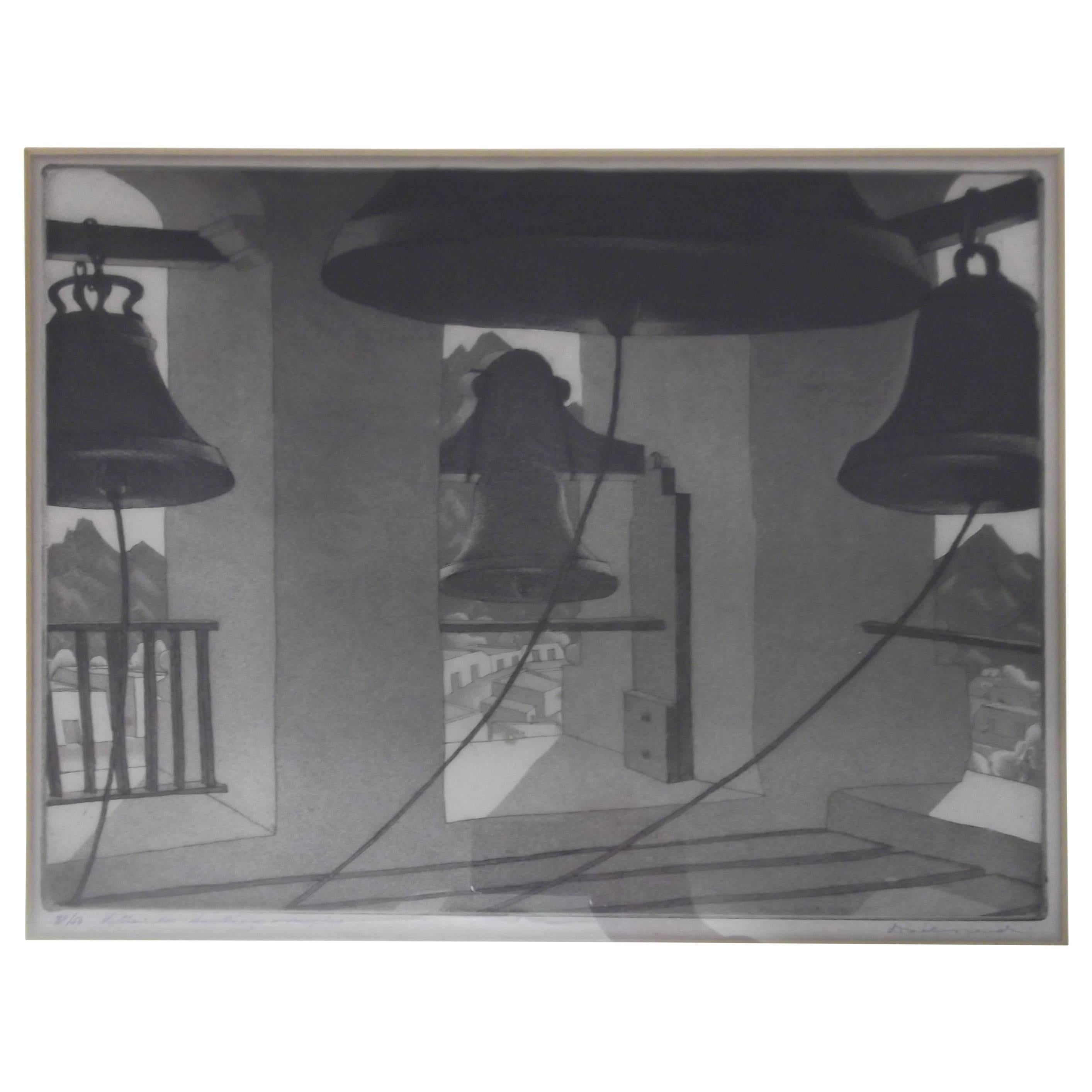1934 Aquatint Etching by Doel Reed Villa De Santiago Mexico the Bells For Sale