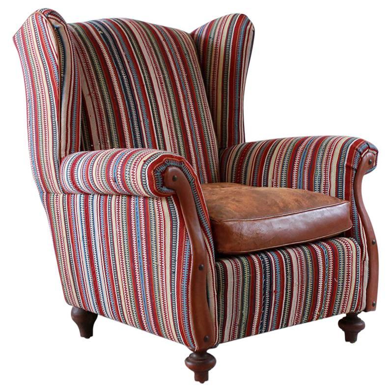 Italian Kilim Wing Back Chair with Original Leather Seat