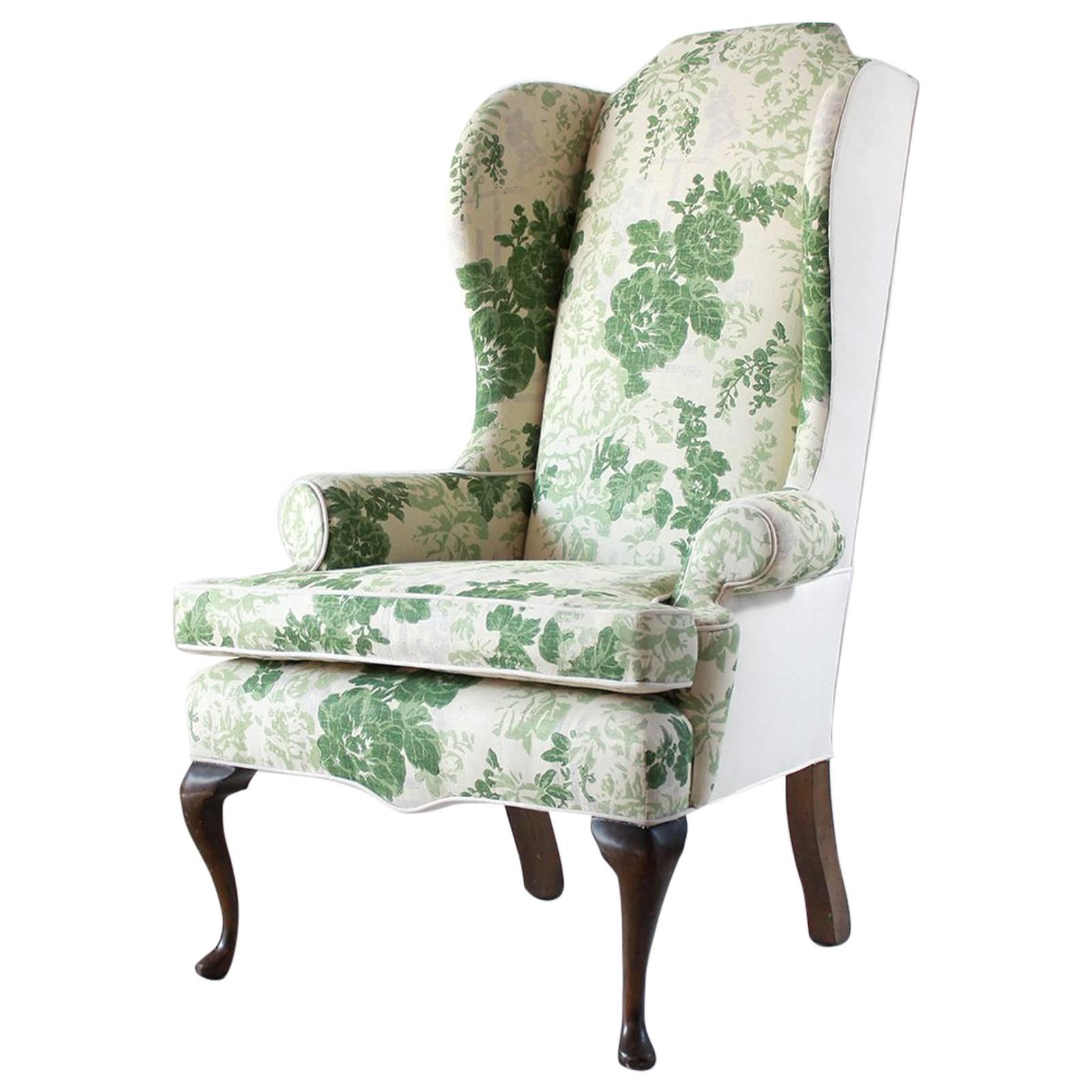 Vintage Wing Chair Upholstered in Green Floral Fabric