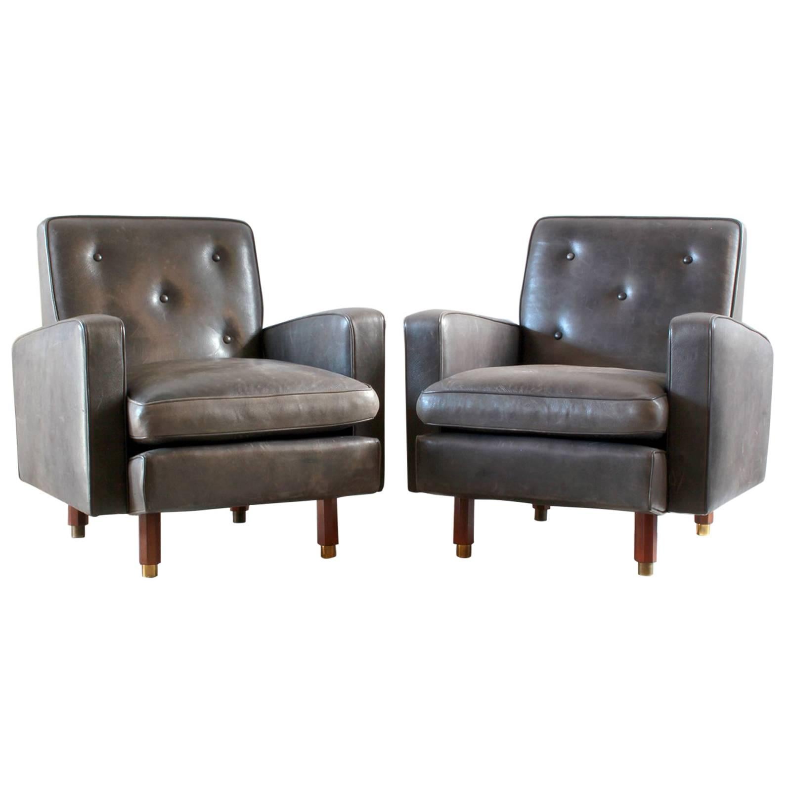 Pair of Masculine Leather Club Chairs