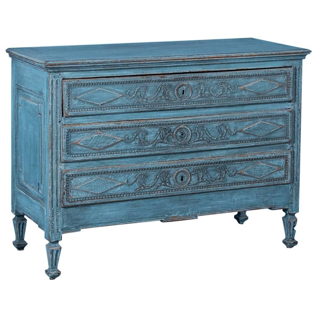 Antique Early 19th Century French Louis XVI Chest of Drawers with Blue Paint