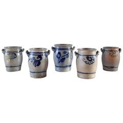 Vintage Salt Glazed Ceramic Jar with Blue Floral Details