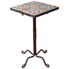 1920s Tall Iron and Tile Side Table