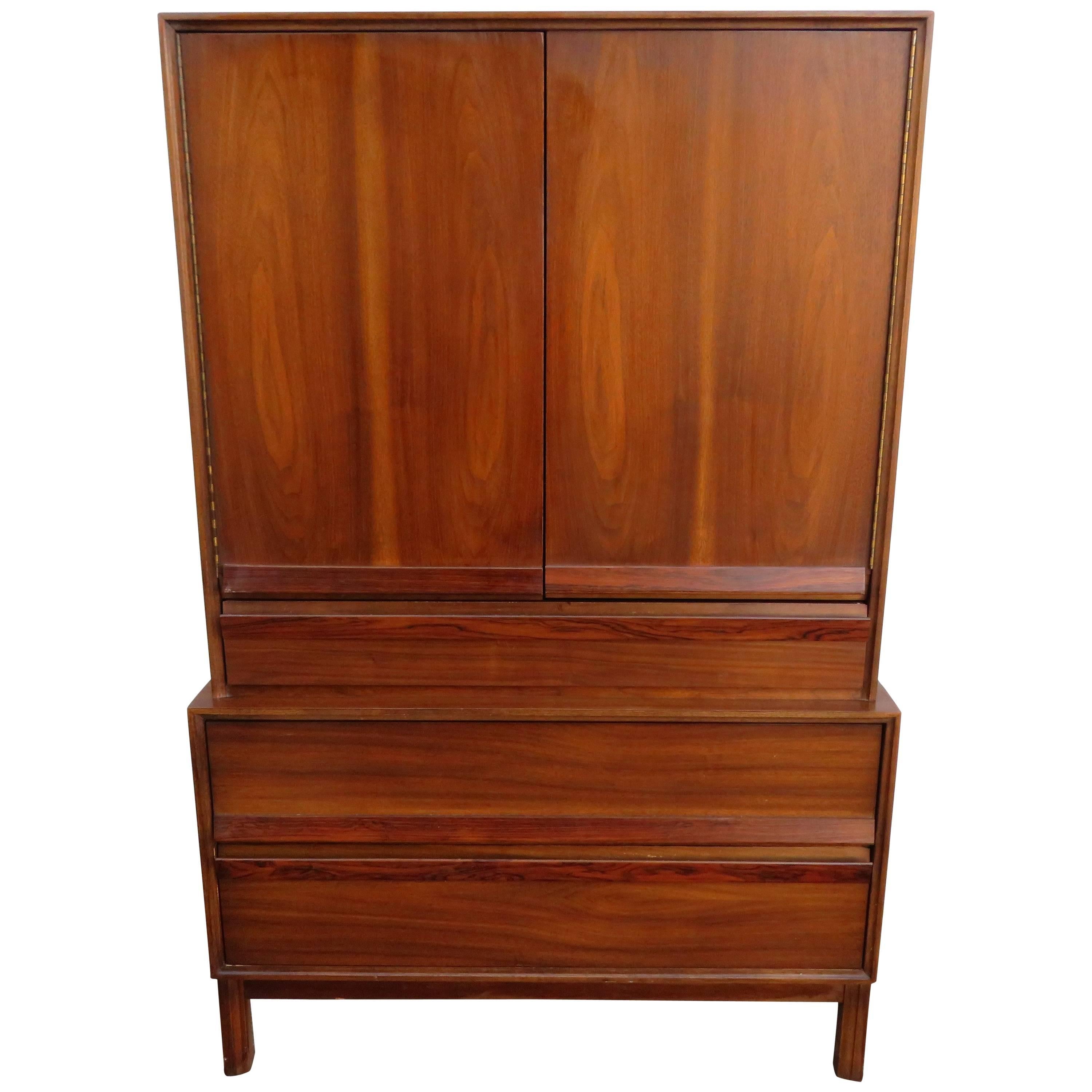 Handsome American of Martinsville Tall Walnut Rosewood Dresser Chest of Drawers For Sale