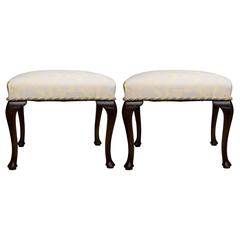 Antique Pair of Queen Anne Style Walnut Upholstered Benches