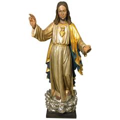 Vintage Majestic Wooden Saint Statue of Jesus Christ, Austria First Half of 20th Century