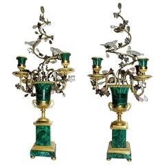 Claude Galle Jade Malachite Silver and Gilt Bronze Bird and Grape Candelabra