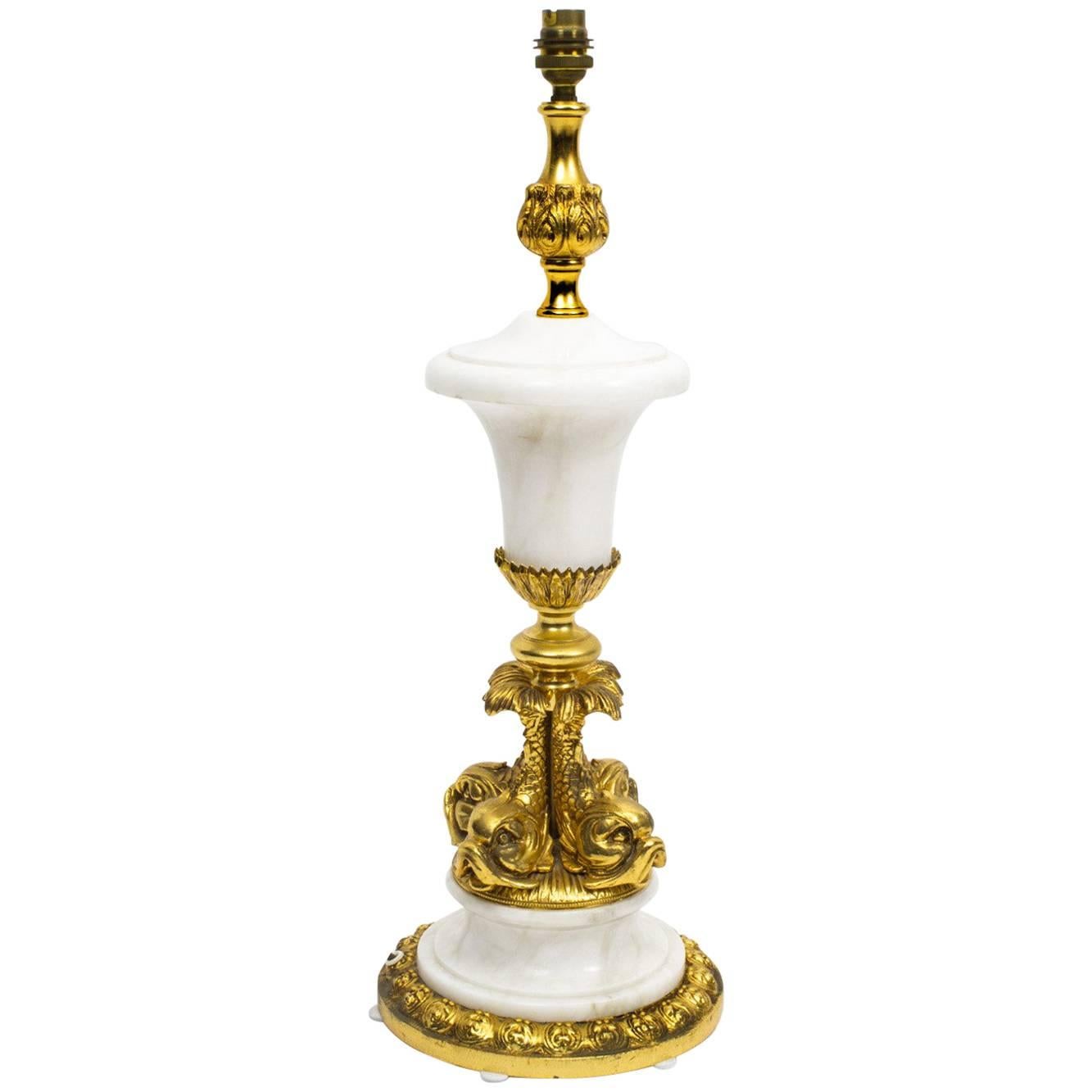 Vintage Ormolu and Marble Dolphin Table Lamp Louis Revival