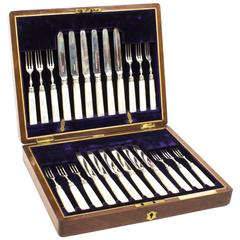Antique Boxed Set 12 Silver Fruit Knives and Forks, 1900