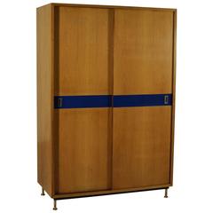 Wardrobe with Sliding Doors Ash Veneer Formica Brass Vintage, Italy, 1950s