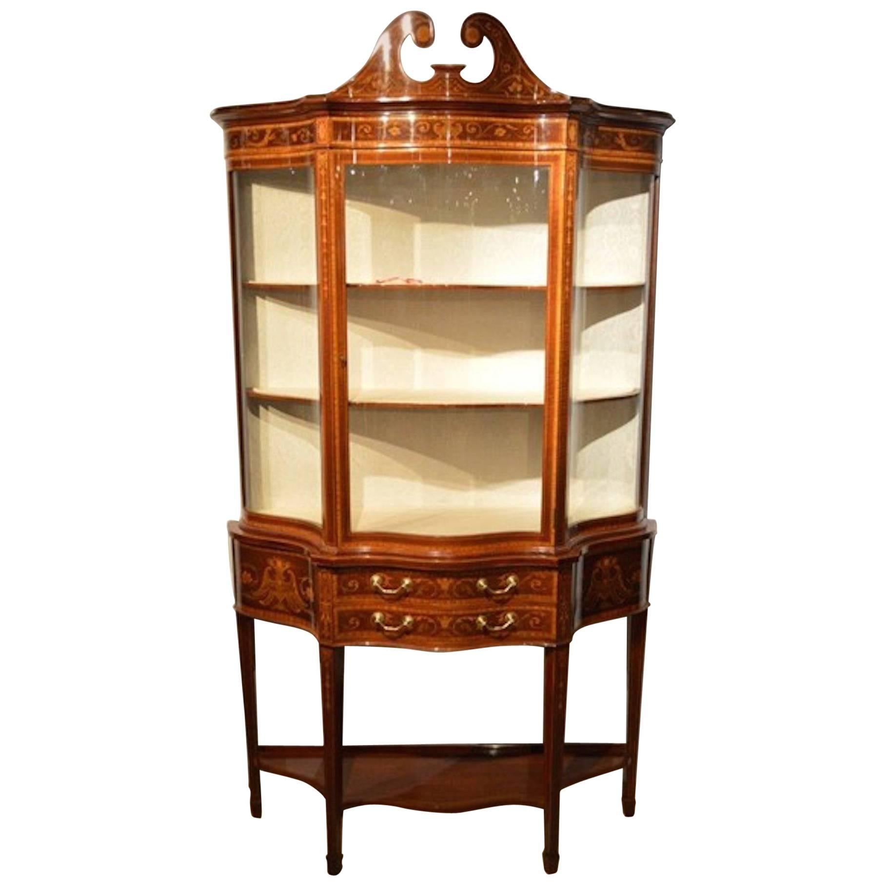 Exhibition Quality Mahogany Inlaid Serpentine Display Cabinet by Maple & Co